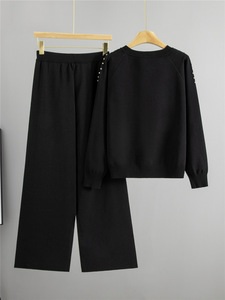 Women Rhinestone Solid Long Sleeves <b>Knit</b> Sweater and Wide Leg Pants Two Piece <b>Set</b> - Product Image 3