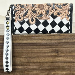 Premium Western Hand Tooled Genuine Cowhide Leather Women's <b>Wallet</b> Clutch with Diamond Checkered Design Floral Carved Flap Purse - Product Image 5
