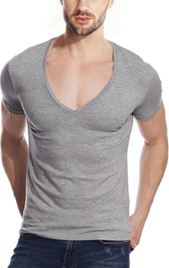Camisetas de Cuello en V Profundo para Hombre, Camisetas Interiores de Corte Bajo, Ajustadas, de Manga Corta, 100% Algodón, 160 GSM, Ropa de Verano, OEM, Personalizadas, al por Mayor - Product Image 4