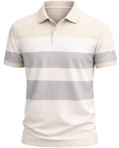 Polo en coton rayé beige et gris personnalisé pour homme, coupe classique, manches courtes, tenue décontractée d'été, fabricant OEM, approvisionnement en gros - Product Image 1