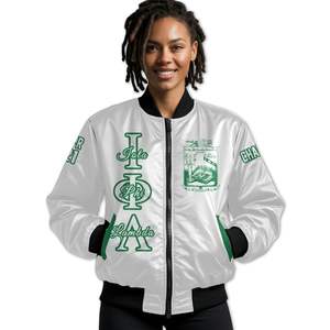Iota Phi Lambda Women Custom Line Crossing Jacket White Greek Letter Crest Front Back Year Zip Bomber Jacket - Product Image 1