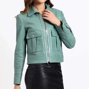 REBA SPORTS IMPEX Brown Genuine Leather Breathable Bomber <b>Jacket</b> <b>Women</b> Zip-Up Pocket Cuffs Ribbed Hem Custom Logo Autumn Winter - Product Image 4