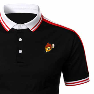 เสื้อเชิ้ตแขนสั้นผ้าฝ้ายสีดำสำหรับผู้ชาย แต่งปกเสื้อสีแดงขาว ปักลายการ์ตูน ระบายอากาศได้ดี สวมใส่สบาย - Product Image 3