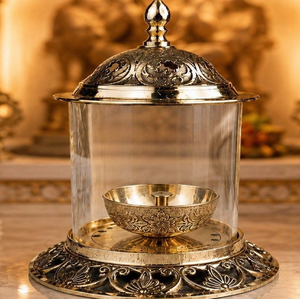 <b>Silver</b> Plated Glass Akhand Jyoti Diya Lantern Candle Stand Holder for Home Temple, available at wholesale prices. - Product Image 5