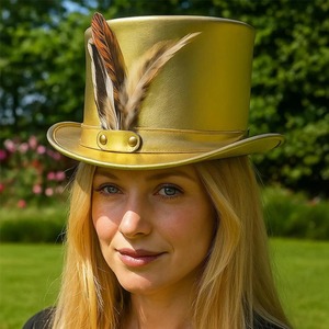 Premium quality custom Handmade Golden Leather Steampunk <b>Top</b> Hat with <b>Feathers</b> Cosplay Costume - Product Image 2