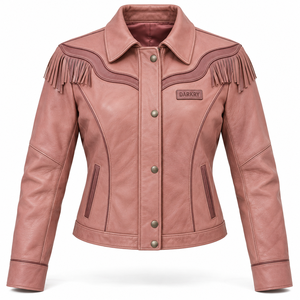Dusty Rose Pink Fringe <b>Womens</b> Real Leather Jacket Western Style Button Up Yoke Trimmed <b>Outerwear</b> Coat Custom B2B Vendor - Product Image 1