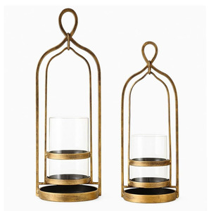 Stunning Gold Metal Candle <b>Lantern</b> <b>Set</b> Featuring An Arched Loop Top Design And Clear Glass Cylinders For Chic Modern Decoration - Product Image 1