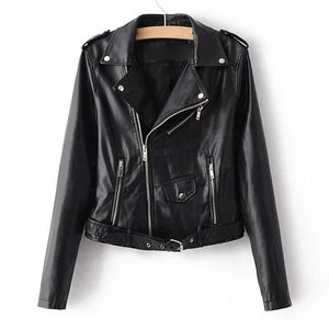 Blousons moto en cuir colorés pour femmes, col montant, fermeture éclair, longueur courte, manches longues, couleur unie, style motard, automne - Product Image 3