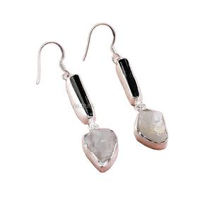 ต่างหูพลอยสีเงินสเตอร์ลิงสี925สีฟ้าอมารีนสีธรรมชาติสีดำทัวร์มาลีนอัญมณีหยาบผู้ส่งออกเครื่องประดับโบราณ - Product Image 1