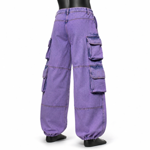 Custom Wholesale Purple Baggy Denim Cargo <b>Jeans</b> High Quality Multi Pocket Streetwear Pants <b>with</b> <b>Elastic</b> Hem - Product Image 4