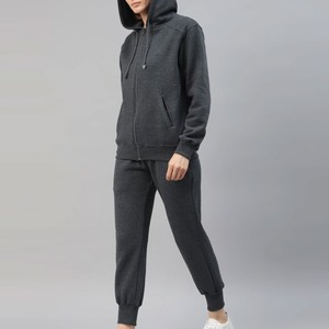 Ensemble de survêtement décontracté pour femme, gris foncé, à capuche, couleur unie, manches longues, fermeture éclair, pantalon de jogging, respirant, 100 % coton, pour l'automne - Product Image 2