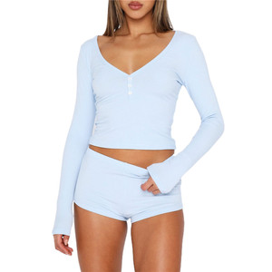 Women Knitted <b>Long</b> <b>Sleeve</b> <b>Crop</b> Top And Shorts Set Solid Color Round Neck Elastic Waist Casual Lounge Wear <b>Black</b> - Product Image 5