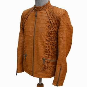Men's Beige Embossed PU Leather Moto <b>Biker</b> <b>Jacket</b> Stand Collar Zipper Closure Solid Color Regular Fit Autumn Wear - Product Image 2