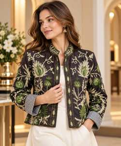 Women’s Purple Floral Embroidered Cotton <b>Jacket</b>, Stand Collar Ethnic <b>Short</b> <b>Jacket</b>, Boho Casual Wholesale Outerwear - Product Image 6