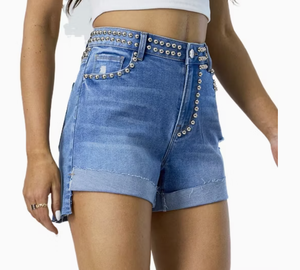 Shorts de Mezclilla para Mujer, Cintura Alta, con Pedrería, Lavado Azul, Cierre de Botones, Personalizados - Product Image 4