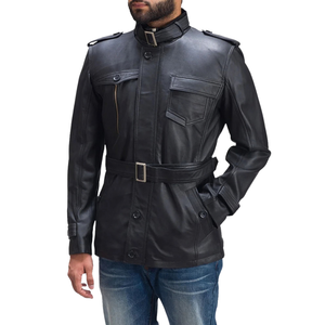 <b>Men</b>’s Black Genuine Leather Utility Jacket Buckle Stand Collar Belted Waist Multi Pocket Premium Casual Winter <b>Coat</b> - Product Image 1