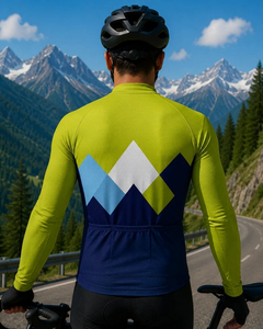 Maillot de cyclisme à manches longues pour homme, imprimé géométrique, bleu citron et blanc, fermeture éclair intégrale devant et derrière - Product Image 6