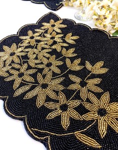 Handmade Black Fabric <b>Placemat</b> With Gold Floral Embroidery Irregular Shape Classic <b>Table</b> Mat Decorative Set - Product Image 3