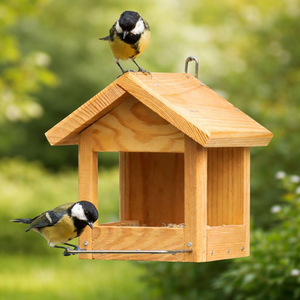 Wooden <b>Bird</b> Feeder Outdoor Garden Feeding Station Natural Wood Hanging <b>Bird</b> Feeder House with Roof <b>Perches</b> and Seed Tray - Product Image 2