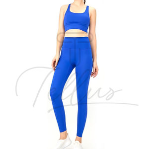 Women Yoga Set High Waist Full Length Leggings <b>Crop</b> <b>Top</b> Racerback Sleeveless Solid Blue Seamless Four-Way Stretch 2 Piece - Product Image 4