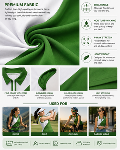 Polo sin Mangas para Mujer, Diseño Personalizado OEM, Bloques de Color Verde y Blanco, Cierre de Cremallera, Transpirable, 100% Poliéster, Ropa Casual de Golf - Product Image 5