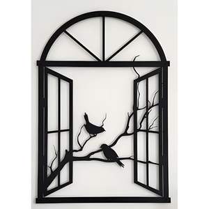 Cadre de fenêtre ouverte d'art de mur en métal minimaliste moderne avec des oiseaux sur la décoration inspirée par la nature de branche en métal - Product Image 1