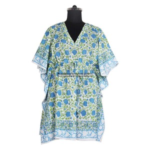 Caftán de Algodón Estampado a Mano, Abaya India Hecha a Mano, Modelo KFCS013, Diseño Maxi con Mangas Cortas, Talla XL, Estilo Dubái - Product Image 4
