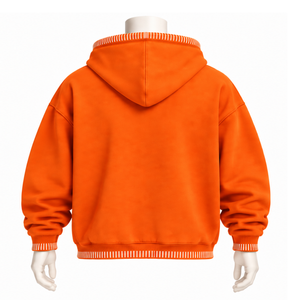 <b>Orange</b> Stitched Border Distressed Pullover <b>Hoodie</b> Oversized Streetwear Sweatshirt Contrast Stitch Kangaroo Pocket Casual Wear - Product Image 2