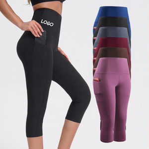 Leggings Capri para Mujer, Cintura Media, Casuales, Transpirables, Sin Costuras, Pantalones de Yoga con Bolsillo para Teléfono - Product Image 1