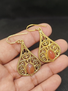 Gold-Plated Carnelian Drop Earrings Bohemian Natural Gemstone Pear -Shaped Women's Jewelry Perfections <b>Indian</b> Brass - Product Image 3