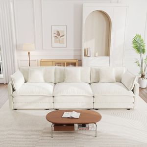 Divano a 3 Posti in Ciniglia Bianca Stile Mid-Century Moderno per Soggiorno con 2 Braccioli e 3 Cuscini Decorativi - Product Image 1