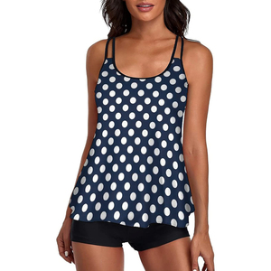 Navy Blue Polka Dot Tankini Set for Women 2 Piece Swimwear Scoop Neck Stretchy Top with Shorts - Product Image 1