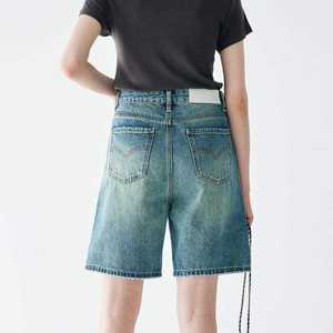 Jeans Cortos de Cintura Alta Personalizados, Rectos, con Rasgaduras, Sexys, de Color Sólido, Vintage, Ecológicos, de Secado Rápido, con Acabado Desgastado Ligeramente en el Lateral - Product Image 2