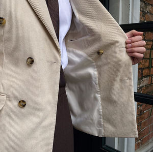 Costume en velours côtelé beige croisé pour homme – Ensemble de luxe vintage pour affaires et mariages, blazer et pantalon sur mesure - Product Image 3