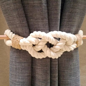 White Cotton Rope <b>Curtain</b> Tieback with Wooden Pin: Elegant Window Accessory - Product Image 1