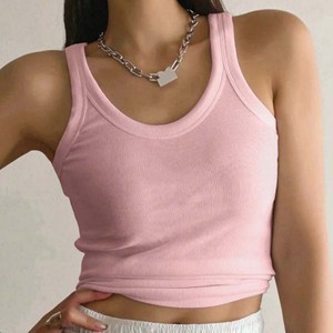 Débardeur court côtelé rose pour femme, col rond, couleur unie, tricoté, sans manches, en mélange coton élasthanne - Product Image 4