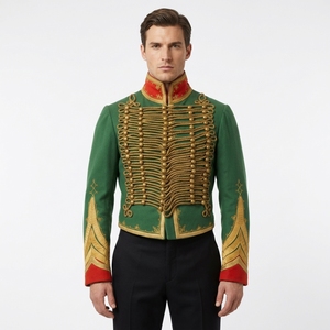 <b>Men's</b> Green Woolen Hussar <b>Jacket</b> With Gold Embroidery Stand Collar Double Breasted Formal Winter Coat <b>Short</b> Length - Product Image 3