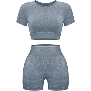 Two Piece Yoga Set Crew Neck Crop <b>Top</b> High Waist Shorts Solid Color Seamless Spandex Polyester <b>Sweat</b> Wicking Workout Wear - Product Image 1