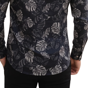 Mens <b>Black</b> Grey Tropical Leaf Print Long Sleeve <b>Button</b> <b>Up</b> <b>Shirt</b> Modern Slim Fit Casual Fashion <b>Shirt</b> for Parties and Vacations - Product Image 5