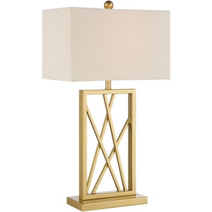 Crosshaven Metal <b>Table</b> <b>Lamp</b> with Brushed <b>Gold</b> Geometric Iron Base Premium Rectangular Fabric Shade Warm Ambient Lighting - Product Image 5