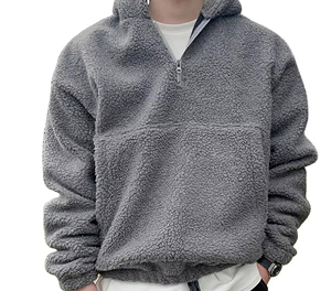 Sweat-shirt à capuche unisexe surdimensionné en polaire avec fermeture éclair, couleur unie, décontracté, pour l'hiver, coupe classique, en polyester tricoté - Product Image 5