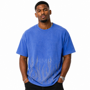 HMR Brotherhood Men's Oversized Blue Cotton T-<b>Shirt</b> With Rhinestone <b>Flame</b> Print Casual Streetwear Short Sleeve O-Neck Jersey - Product Image 1