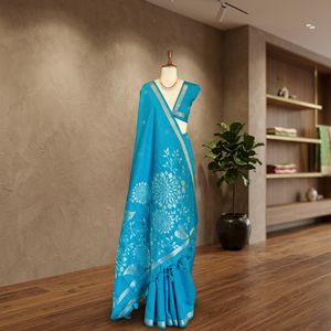 Sari en soie bleue à fleurs et broderies Zari, tenue traditionnelle pour femmes, pour mariage, fête et occasions festives - Product Image 5