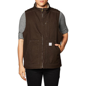 Men's <b>Brown</b> Canvas Stand Collar <b>Vest</b> Zipper Closure Windproof Casual Outerwear Autumn Solid Design Pockets - Product Image 1