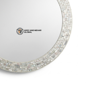 Miroir mural rond de luxe en nacre – Miroir incurvé en mosaïque de coquillages fait main pour la décoration haut de gamme de la maison et des hôtels - Product Image 4