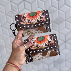 Wholesale Cowhide Fur Leather <b>Wristlet</b> Coin Purse for Women New Hand Tooled Carving Multi-Use Mini Wallet Western Style Gift - Product Image 1