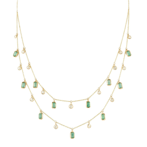 18K White Gold Emerald and Diamond Double Chain Charm Necklace VVS1 Clarity Wedding - Product Image 4