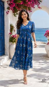 Kurtis midi de rayón con estampado floral verde para mujer, vestido informal holgado de verano, estilo indio pakistaní, ropa de fiesta, kurtis con estampado floral. - Product Image 3
