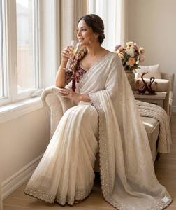 Sari indien exclusif, dernier modèle élégant en organza doux et lourd, broderie raffinée pour mariages et événements formels estivaux - Product Image 1