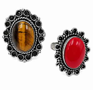 Wholesale <b>Oxidized</b> Silver Tiger Eye Red Coral Gemstone Bezel Setting Ring Women | Vintage Handmade Bohemian Statement Jewelry - Product Image 3